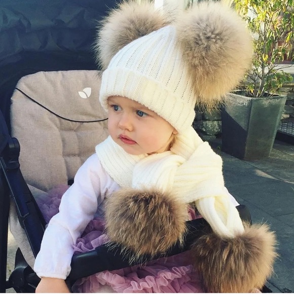 Pink Baby Hat & Scarf set with real fur decor - Picture 2 of 5
